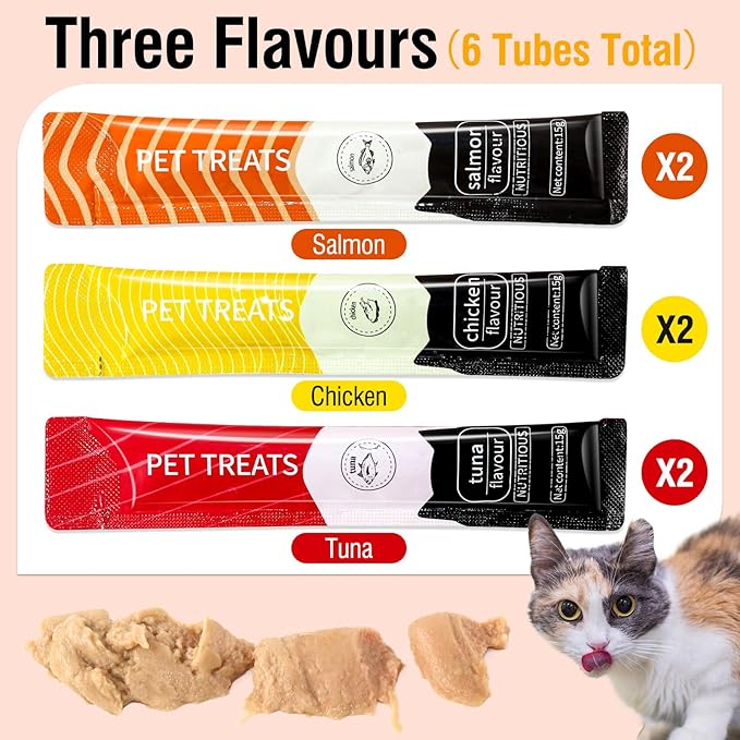 Lickable Cat Treats Squeeze-Up, 6 Tubes (0.53oz Each) – Tuna, Salmon & Chicken Flavors, Nutritionally Balanced for Healthy Growth, Soft & Irresistible Texture