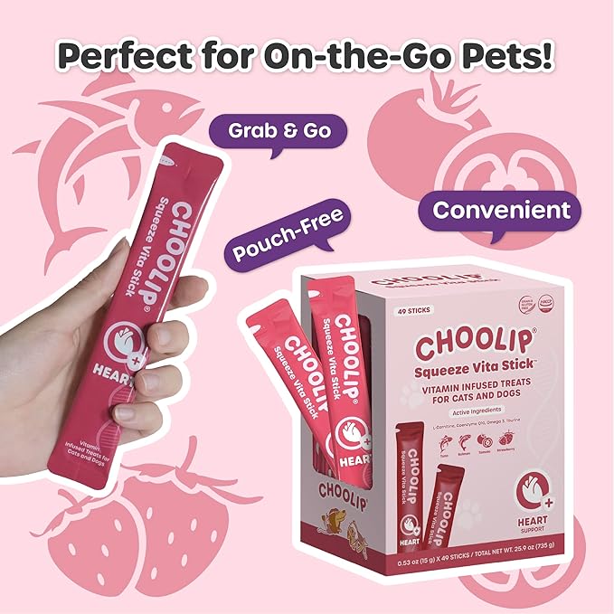 Choolip Squeeze Vita Stick Heart Support Cat and Dog Treats, 49-Count Salmon & Tuna Lickable Sticks with CoQ10, Taurine and L-Carnitine, Vet-Formulated