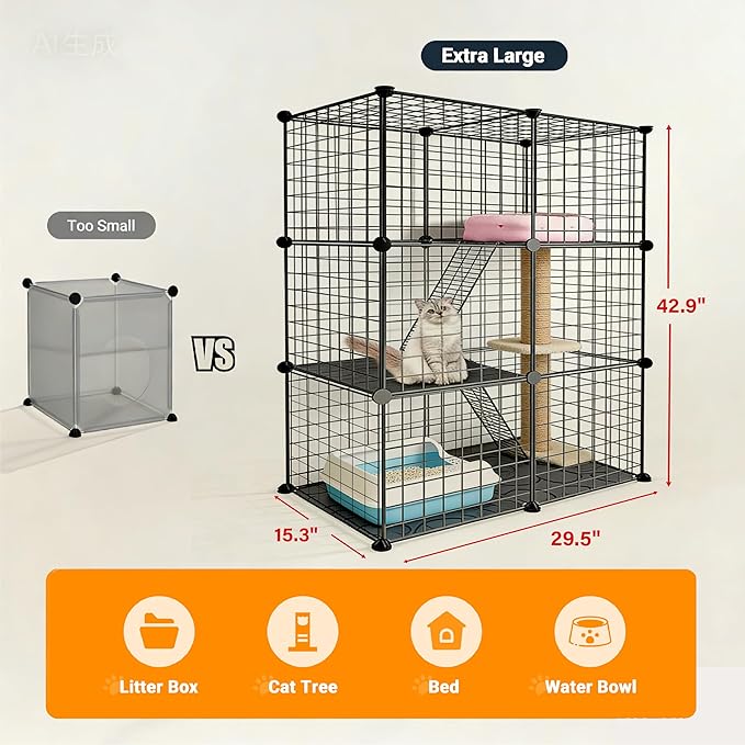 DIY Modular Cat Playpen 2x3x1 Grid | Compact Indoor Cat Enclosure | Foldable Black Wire Metal Cat Cage with Multi-Level Shelves | Fits 1 Cat (43.7" x 29.5" x 15.35")