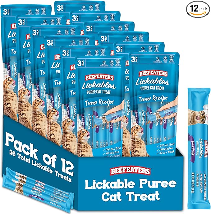 Beefeaters Tuna Pure Cat Treats 1.59oz (12 Pack) | Lickable Squeeze Tube Treats, Grain-Free, No Added Sugar, Real Tuna, Taurine-Enriched, Ideal for Bonding, Seniors, Toppers & Everyday Treating