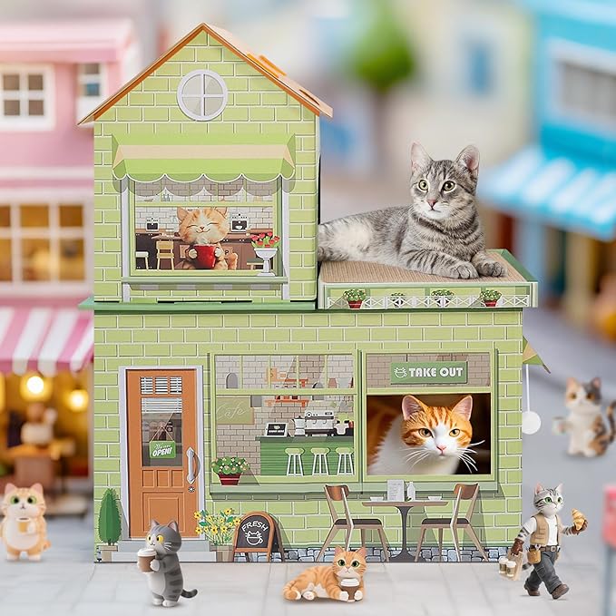Cardboard Cat Houses for Indoor Cats - Kitten Scratcher Houses & Condos, Cafe Themed Hut Hideout Play House Bed with Scratching Pads, Scratch Box for Large Kitty Rabbit Bunny Small Animals