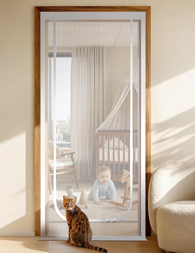 BFNN Cat Screen Door, Extra Tall Cat-Proof Mesh Gate, Fit Door Size 34'' x 82'', Anti Scratch Mesh with Zipper Closure, for Living Room, Kitchen, Bedroom (White, U-Shaped)