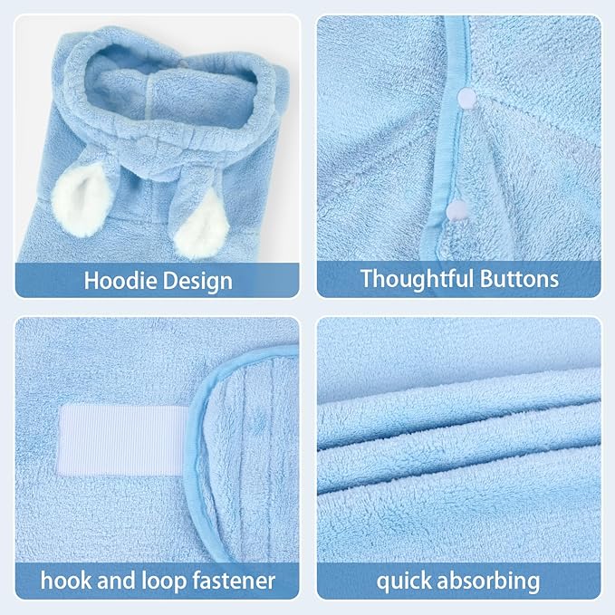 Pet Bathrobe Towel Dog Cat Drying Coat Super Absorbent Cute Dogs Bath Towel Hooded Robe Adjustable Collar & Belly Strap for XSmall to XLarge Pets (Blue, Large)