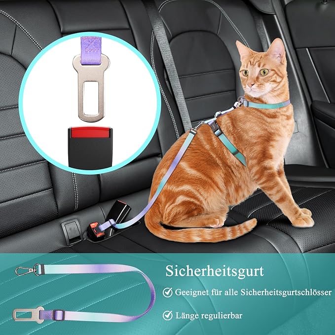 Cat Harness and Leash Set, Collars,Car Seat Belt [4 in 1 Detachable & Adjustable] Escape Proof Cat Harness, Comfortable Soft Lightweight, Walking Travel Kitten Harness for Small Medium Large Cats (M)