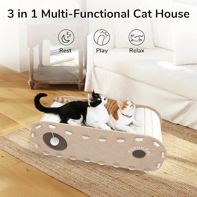 FUKUMARU Cat Beds for Indoor Pets 31.5 Inch, Extra Long Cozy Cat Bed Cave Tunnel for Multiple & Large Cats, Felt Kitten Hideaway House with Fluffy Ball, Scratch Resistant, Warm & Safe, Beige