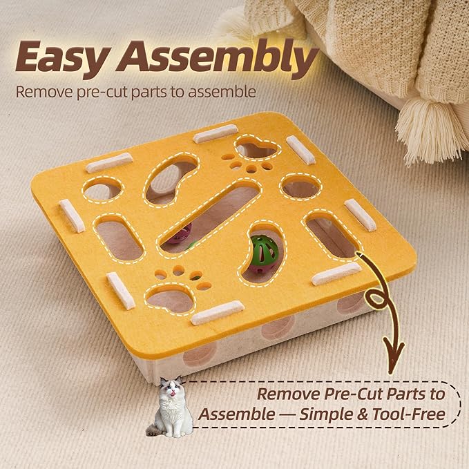 Interactive Cat Puzzle Feeder Toy - Felt Maze Box with 3 Jingle Balls for Indoor Cats, Kittens to Adults - Mental Stimulation, Slow Feeding & Fun Exercise Encourages Natural Hunting Instincts