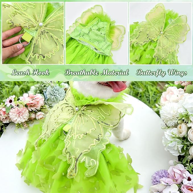 BAMY Butterfly Wings Dog Dress Summer Pet Wedding Skirt Lace Princess Tutu Cute Party Cat Outfit for Small Medium Dogs (Green, XXL (Chest 27.5inch/ 70cm))