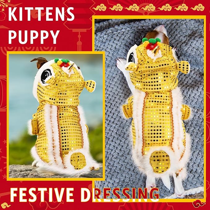 LEIFIDE Lion Dance Dog Costume Chinese New Year Pet Costume with Sequins Chinese Lion Dance Cloth Dog Clothes Hoodies Coat for pet New Year Spring Festival Dress up(Large,Gold)