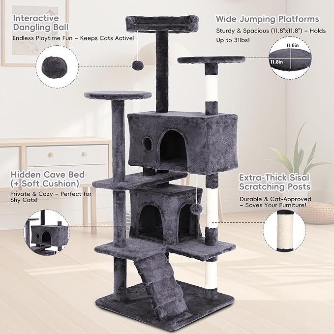 Large 54-Inch Cat Tree with Tower Condo - Cat Tower with Wrapped Sisal Scratching Post, Multiple Platforms, Hanging Baskets & Dangling Toy - Plush Cat Furniture for Indoor Cats - Light Gray