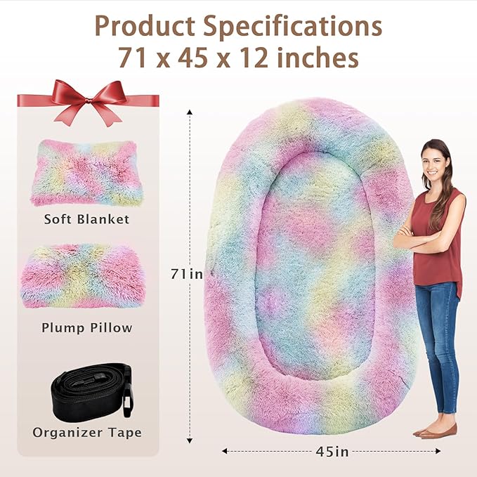 ROOMTEC Human Dog Bed, 71''x45''x12'' Size Fits Adult and Pet Washable Giant People Bed 10 CM Thick Memory Foam Large Oversize Pet Bed with Plump Pillow, Blanket, Strap - Rainbow