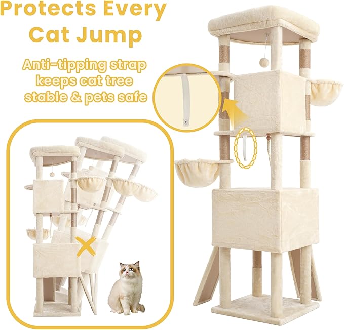 Cat Tree, 73-Inch Sturdy Corner Cat Tower with Wide Top Perch, Cat Furniture with 2 Spacious Condos, 2 Cozy Baskets, 2 Scratching Boards & Interactive Toy for Large Cat, Beige VCT021MJ