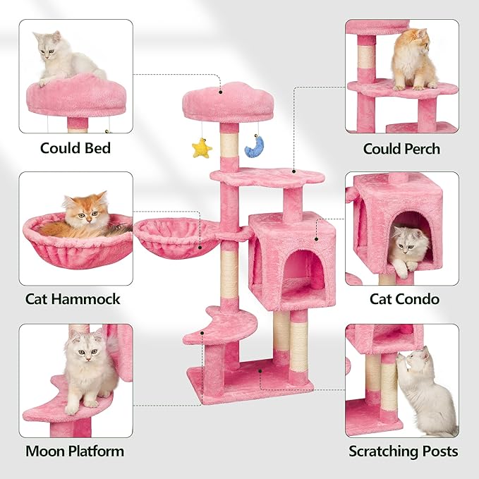 Meecal 43-Inch Cat Tree,Cute Cloud Cat Tree for Kittens & Small Cats Under 6 Months 9lbs, Cat Tower with Scratching Post, Double Condos, Plush Hammock & Dangling Toys, Pink