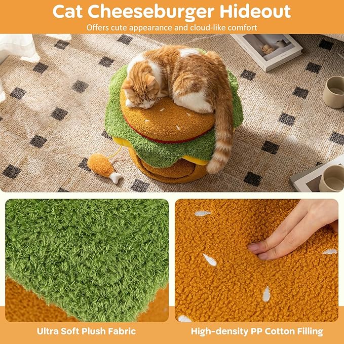 PETSITE 3-in-1 Burger-Inspired Cute Cat House, Multifunctional Cat Ottoman with Interactive Cute Chicken Drumstick-Shaped Toy and Removable Soft Cushion, Cat Hideaway Footstool for Indoor Cats