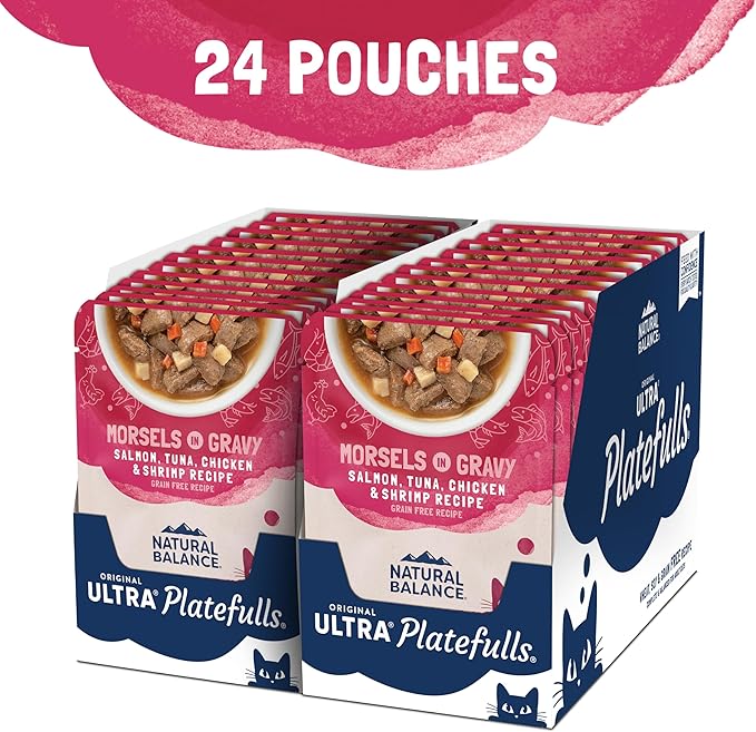 Natural Balance Original Ultra Platefulls Indoor Adult Grain Free Wet Cat Food, Salmon, Tune, Chicken & Shrimp Recipe, 3 Ounce Pouch (Pack of 24)