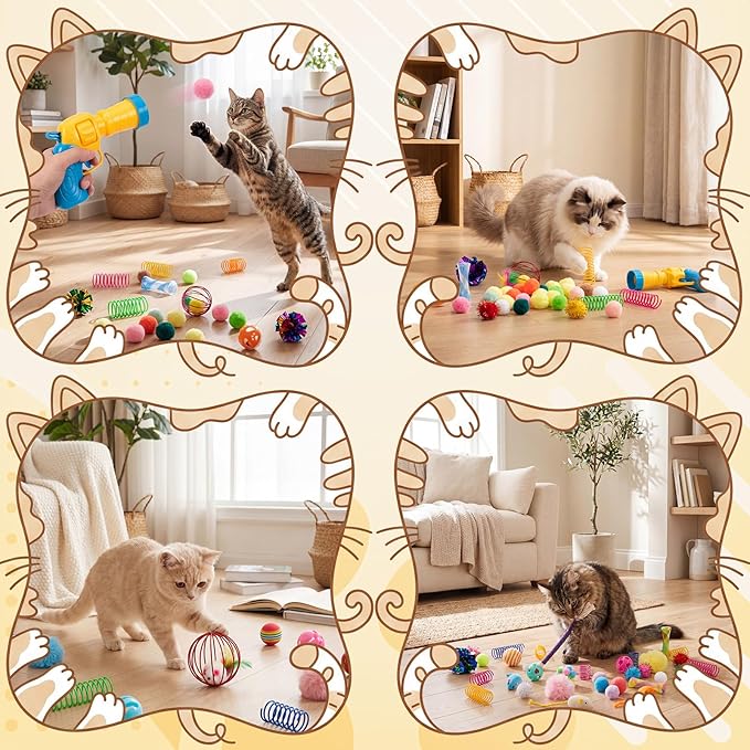 Leitee 100 Pcs Cat Toys Assortment with 1 Gift Storage Bag, Interactive Cat Play Set for Indoor Kitten, Colorful Springs, Mouse Toys, Chew Ropes, Balls, Bells & Sisal Ball (Ball Toy)