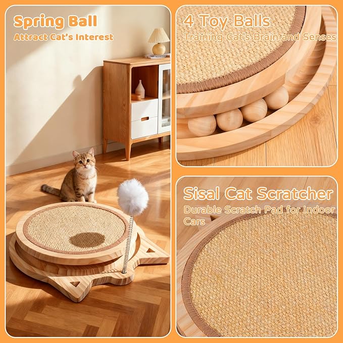 Sisal Cat Scratcher with Ball Track and Spring Toy 3 in 1 Wooden Interactive Cat Toys Cat Scratchers for Indoor Cats and Kitty