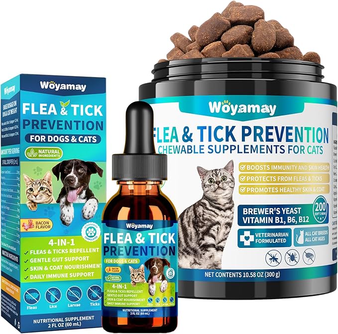 Woyamay Natural Flea & Tick Prevention Bundle for Cats & Dogs, 200 Chews + Drops 4-in-1 Herbal Drops, Supports Skin, Coat, Digestion & Immunity, Gentle Daily Flea Treatment for Multi-Pet Homes