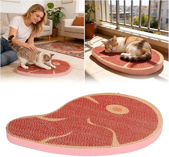 Steak Shape Cat Scratch Board Non-Slip Cat Lounge Bed Textured Scratching Pad Furniture Protection for Home Bedroom Apartment Dorm Office Indoor Use (Color-Red)