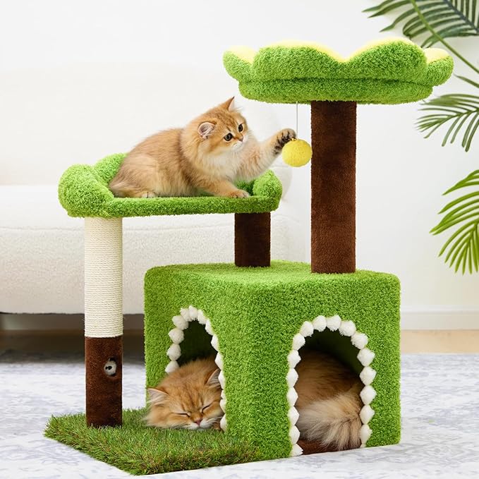 WOOCHPET Flower Cat Tree with Cat Condo for Indoor Cats, 29" Cat Tower with Sisal Scratching Post and Top Perch, 3-in-1 Multi-Level Cat Tower for Small Cats and Kittens