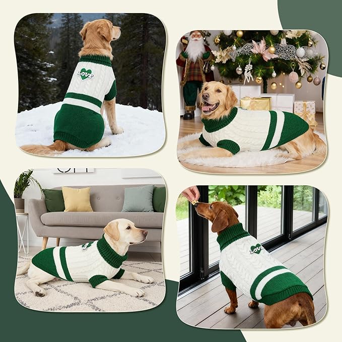 Dog Sweater Knitted for Small to Large Dogs Boy Girl, Classic Turtleneck Dog Christmas Sweaters, Warm & Soft Pet Clothes for Winter (Love Green, L)