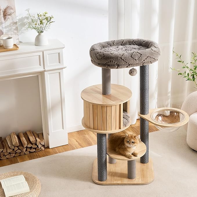797Audio Wood Modern Cat Tree, 48" Cat Tower with Sisal Scratching Posts, Cat Condo, Capsule and Bed, Solid Wooden Aesthetic Multi-Level Cat Climbing Tree for Large Adult Indoor Maine Coon Cats-Gray