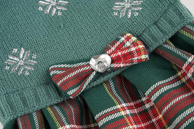 Green Embroidery Snowflake Chihuahua Clothes, Holiday Festive Christmas Dog Sweater Dress for Girl Puppy, Plaid Cat Outfit, X-Small (XS) Size Back Length 9"