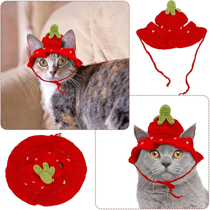 Knitted Hats for Cats, Adorable Crochet Kitten Cap Soft Pet Costume Headwear Small Knit Cap Decor for Dog Cat Kitten Puppy Holiday Photo Sessions & Celebration Decor (Strawberry Style)