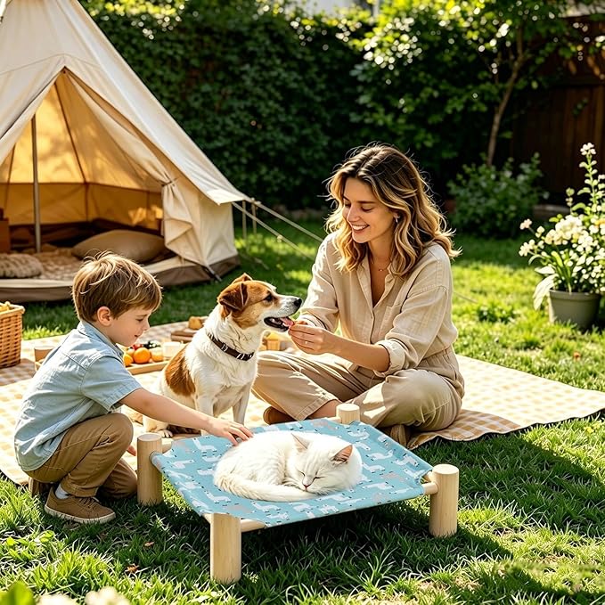 Raised Cat Bed - Wooden Dog Elevated Indoor Outdoor Bed, Cat and Dog Hammock Cot, Removable Sleeping Furniture for Home Living Room Apartment Dorm Outdoor Patio Balcony Porch Corner