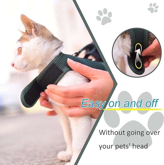 Kitty Harness and Leash for Walking Escape Proof Breathable Mesh Fabric, Solid Green, Small, Adjustable Cat Walking Jackets, Padded Stylish Cat Vest