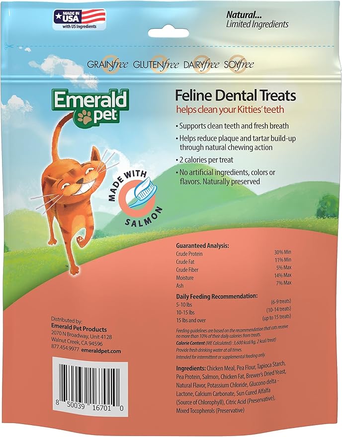 Emerald Pet Grain Free Cat Dental Treats – Crunchy Salmon Cat Treats to Clean Teeth, Reduce Plaque & Tartar, and Freshen Breath – Natural Feline Dental Care, 32 oz