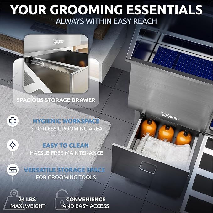 KANIS Professional Dog Washing Station 304 Stainless Steel Pet Wash Sink & Grooming Bathtub w/Shower, Floor Grates and Storage for Large, Medium & Small Pets (Silver, 40 Inches, Right Ramp, 1 Drawer)
