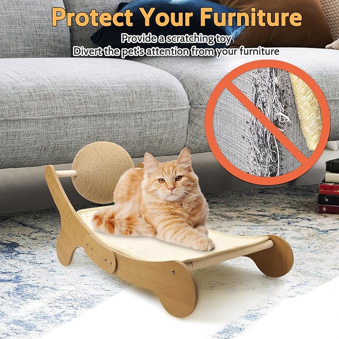 Fhiny Sisal Cat Scratcher Bed, 3 in 1 Kitten Hammock Chair Scratching Pad for Indoor Cat Natural Sisal Scratch Post Ball Kitty Lounge Cat Furniture for Clawing Sleeping Play