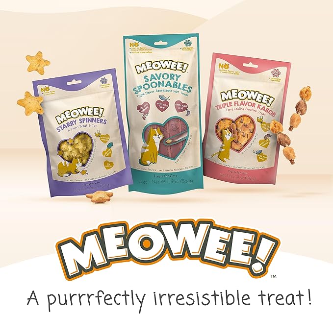 MEOWEE! Savory Spoonables with Real Salmon, Tuna and Krill for Cats, 4 Count, Treat Your Cat to Triple Flavor Squeezable Lickable Wet Treats with Built-in Spoon for Less Mess