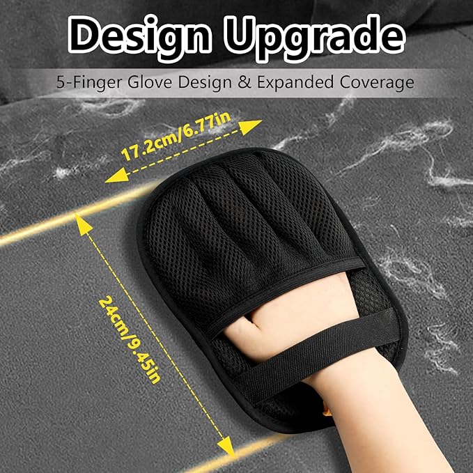 Upgraded Pet Hair Removal Gloves for Cats & Dogs, Five-Finger Electrostatic Reusable Magic Brush for Effortless Pet Hair Remover Tool on Carpet, Clothing, Laundry, Car Seat (Black)