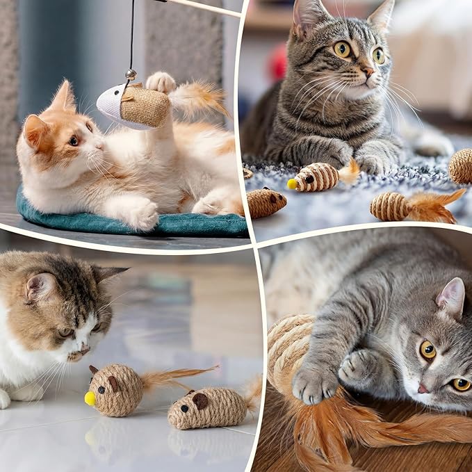 Leitee 20pcs Cat Interactive Toys Set Wooden Cats Teaser Wand Toy with Feather Handle Chew Rope Mouse Sisal Balls with Bells for Indoor Kitten Play Chase Exercise (Wooden Cat Wands Toys)