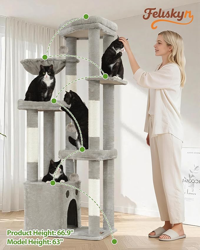 Cat Tree Tower for Indoor Cats, 67 inch Multi-Level Tall Climbing Tower with 3 Large Platform, Scratching Post, Hammock, Kitty Condo for Multiple Cats, Modern Cat Tree Furniture Heavy Duty, Light Grey
