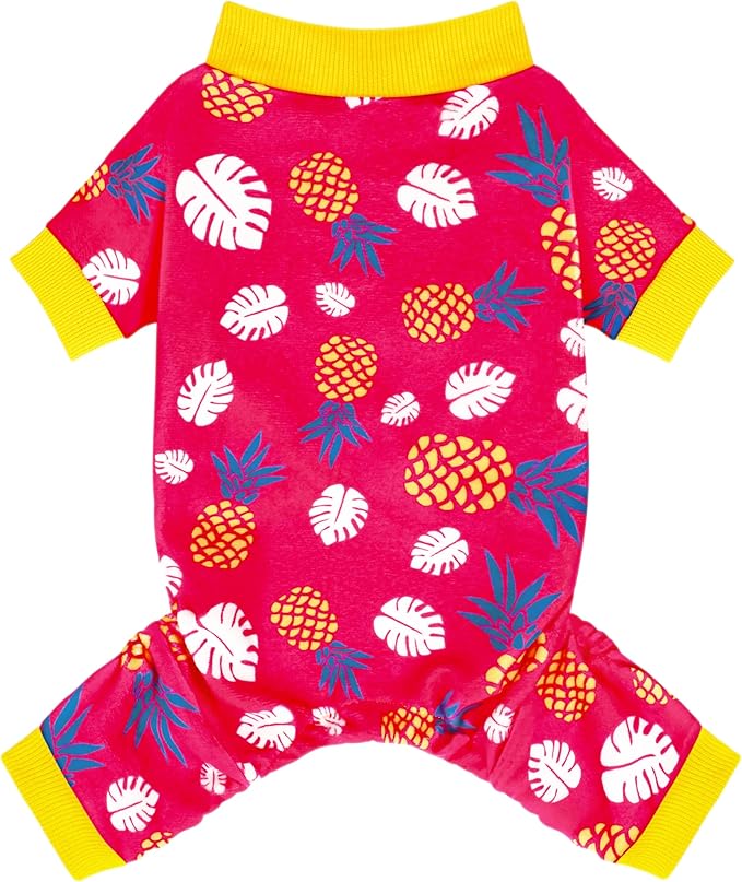 Paiaite 4-Legged Cotton Stretchable Jumpsuit Pjs: Pineapple Pattern Dog Pajamas - Lightweight Cozy Puppy Onesie Clothes, Comfortable Pet Sleepwear Jammies for Hair Shedding Coverage Yellow Edge M