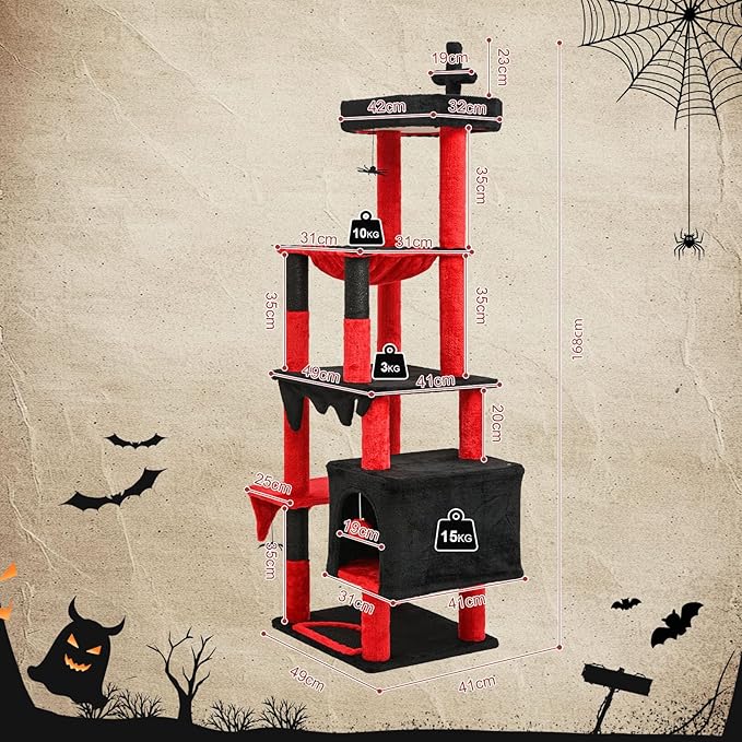 BYBYME Gothic Cat Tree for Halloween, 66in Tall Sturdy Furniture Set with Bed House, Hanging Toy, Scratching Board Sisal-Covered Posts, Multifunctional Cat Play Tower with Hammock（Black Red）