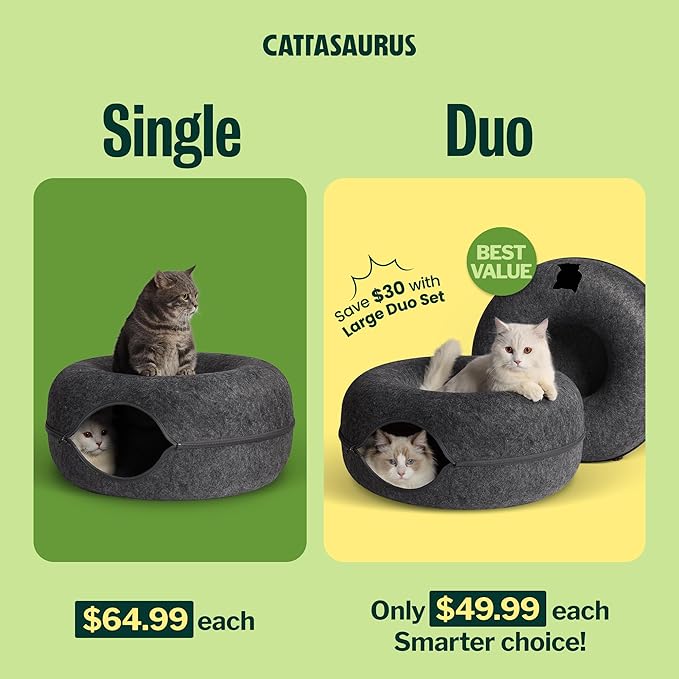 Cattasaurus Peekaboo Cat Cave Donut for Multiple & Large Cats up to 30-45 lbs, 3-in-1 Self Warming Cat Bed, Tunnel & Scratcher for Indoor Cats, Washable & Detachable (Dark Gray + Dark Gray, Large)