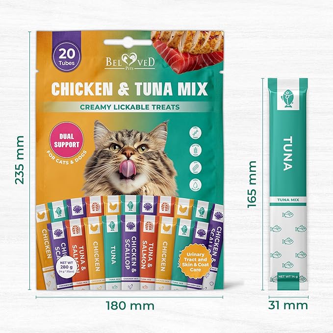 Beloved Pets Creamy Lickable Cat Treats & Wet Squeeze Tubes – Tuna Mix, Liquid Cat Snacks, Urinary Care, Multivitamin Treats for Cats & Small Dogs, Lick Up (10 Ounce, Tuna + Chicken Mix 20 Sticks)