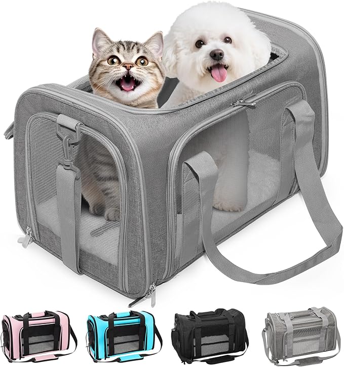 Soft-Sided Cat Carrier Expandable Pet Carrier Airline Approved Mesh Travel Carrier Up to 22lbs for Cats Small Dogs Collapsible Escape-Proof with Shoulder Strap (20x13x13 Gray)