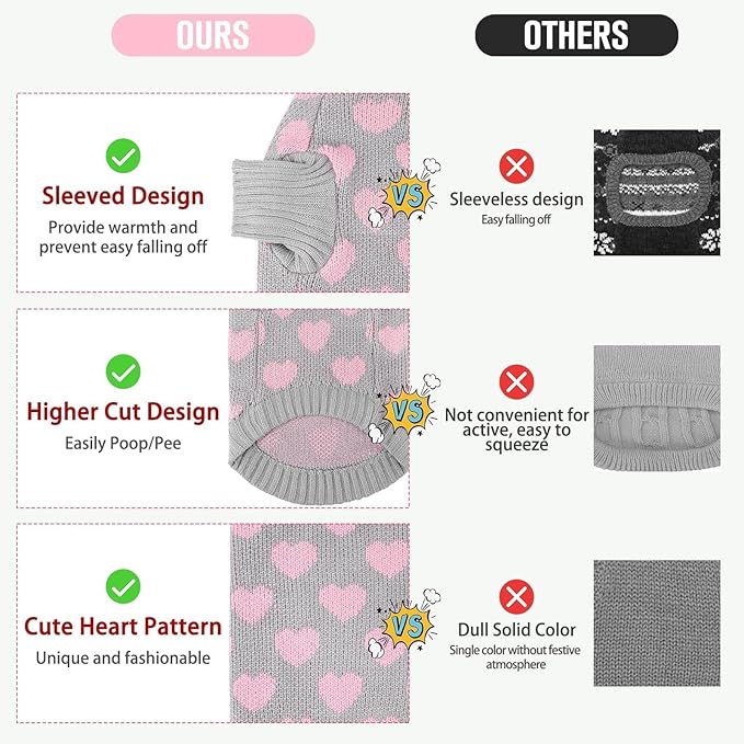 KOOLTAIL Cat Sweater - Valentine's Day Outfit with Hear Love Pattern Cold Weather Soft Warm Knit Turtleneck Clothes for Cats Kitten Small Dogs Puppy Greay M