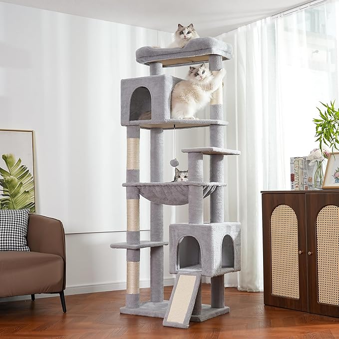XXL Large Cat Tree Tower 70in Tall Heavy Duty Cat Tree for Maine Coon and Big Cats 20 lbs+,Enlarge Top Bed and Hammock, 2 Oversized Condo House with Scratching Posts-Grey
