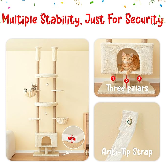 Cat Tree, Floor to Ceiling Cat Tower Adjustable Height [92.9-102.4 in=235-258cm], 7 Tiers Cat Climbing Play House with Fully Sisal Scratching Post, Cozy Condo & Hammocks for Indoor Cats, Beige