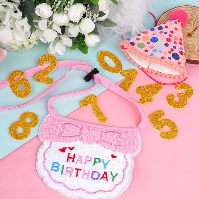 Cat Birthday Outfit, Cat Birthday Bandana and Hat Set with Number Kitten Birthday Costume, Cute Pet Birthday Party Decoration Outfits for Pet Cats Supplies (Pink)