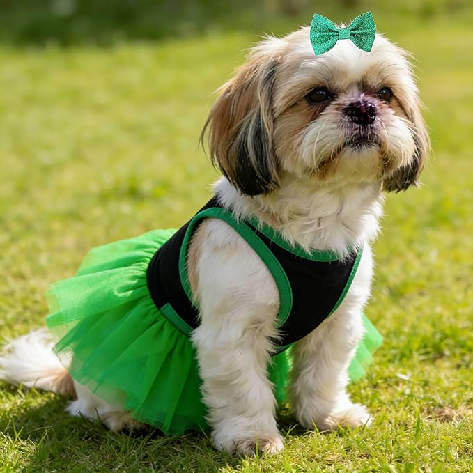 Small Dog St. Patricks Day Outfit Green Dress, Bandana & Bow Clip 3 Piece Irish Pet Cat Costume Accessories S