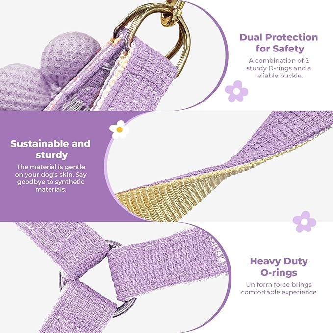 PETCARE Cute Flower Dog Harness and Bowtie Leash Set Easy Walk Puppy Dog Halter Harness for Small Dogs Girl Step in Dogs Harnesses with Buckle (Purple, Chest Adjustable 13"-20", Rope Width 0.79")