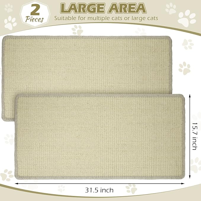 Riakrum Cat Scratch Pad, 2 Pack 32 x 16 Inches Sisal Mat, Natural Fabric Cat Pad, Horizontal Scratching Mat Protector for Furniture, Sofa and Wall (Beige)