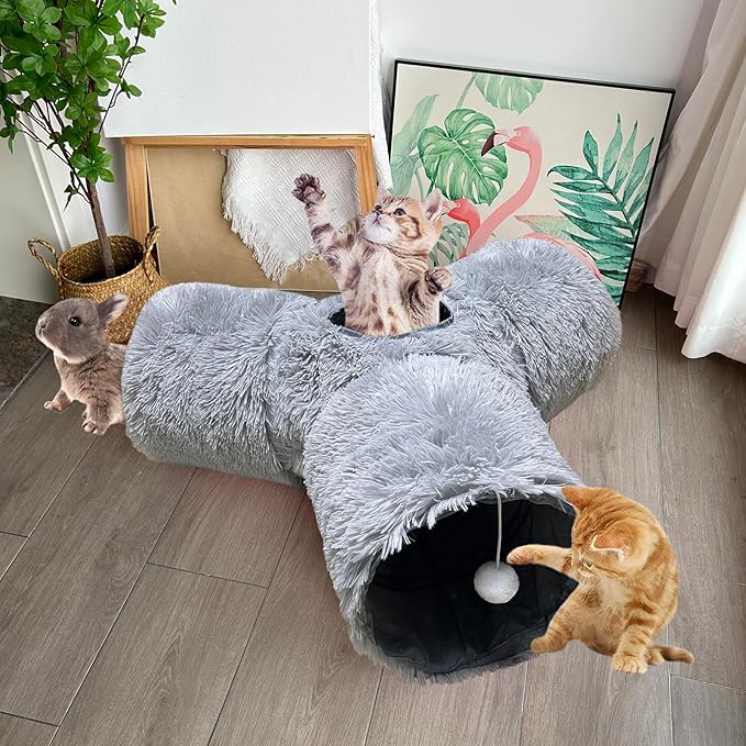 Cat Tunnel Tube Toy Collapsible 3 Way Grey Plush, Pet Tunnels for Indoor Cats, Play Tubes with Hanging Ball Perfect for Kitten, Puppy, Rabbit, Interactive Toys for Fun Playtime & Exercise