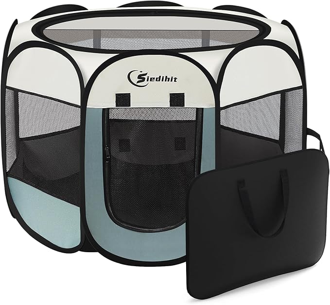 Siedihit Dog Cat Playpen, Puppy Pet Playpen Indoor for Small Dog Crate Tent Cage Outdoor, Portable Pop Up Dogs Enclosure Kennel with Carrying Case for Dogs/Cats/Rabbits(Grey, Small